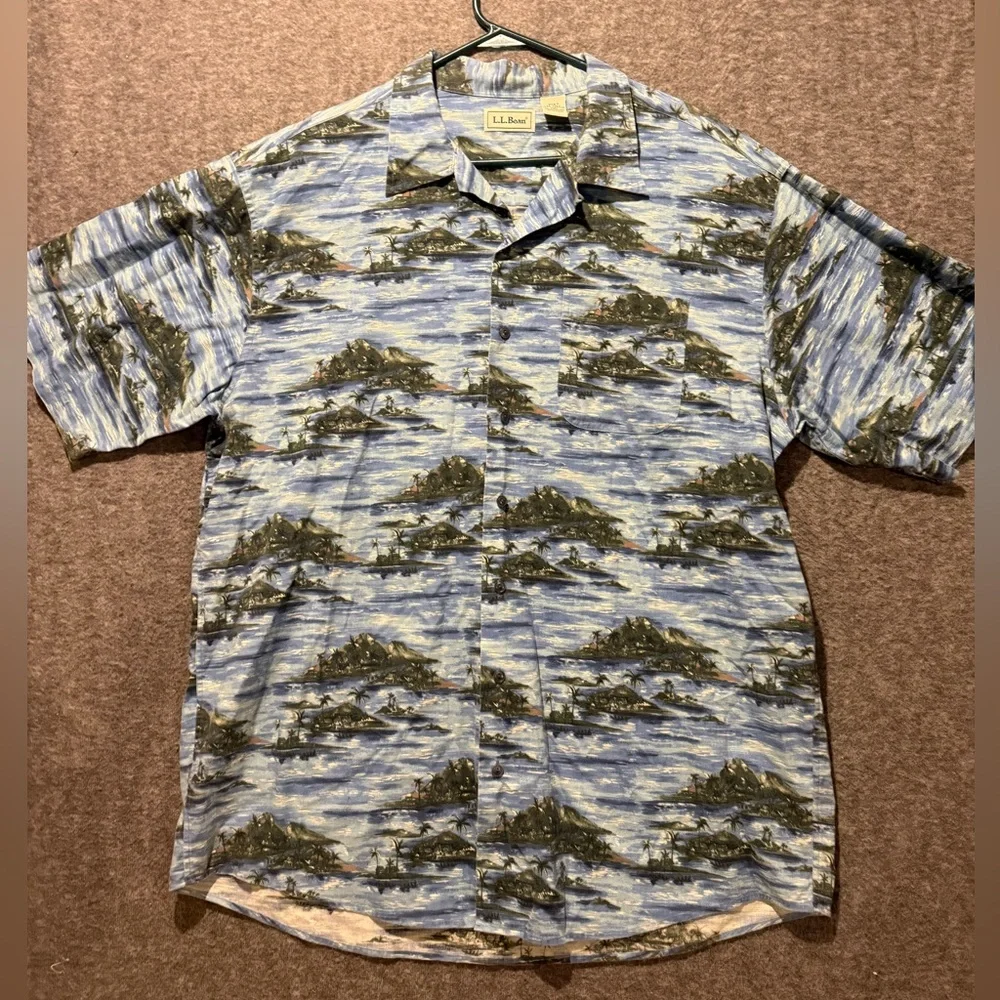 LL Bean Vtg Hawaiian Shirt Mens XLT blue button up graphic ocean beach tropical